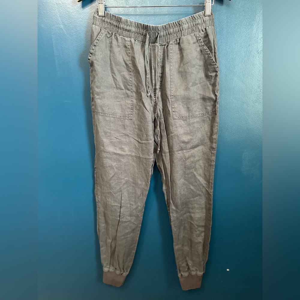 MAGASCHONI 100% Linen Drawstring Waist Ribbed Ankle Jogger Pant EUC Size Small